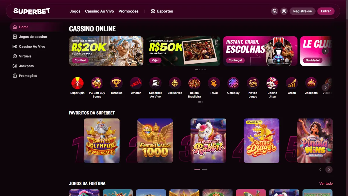 Lobby do Superbet Cassino Online com promoções de torneios e os melhores jogos de slots.